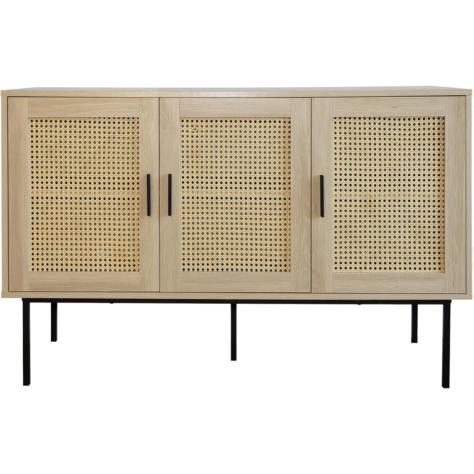 Bahut boheme en bois et cannage 120 x 40 x 76 cm avec trois portes, meuble decoratif et pratique pour sejour