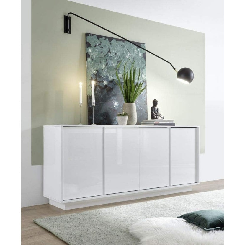 Buffet italien blanc laque brillant avec 4 portes, meuble de rangement moderne pour salon cuisine entree ou salle a manger