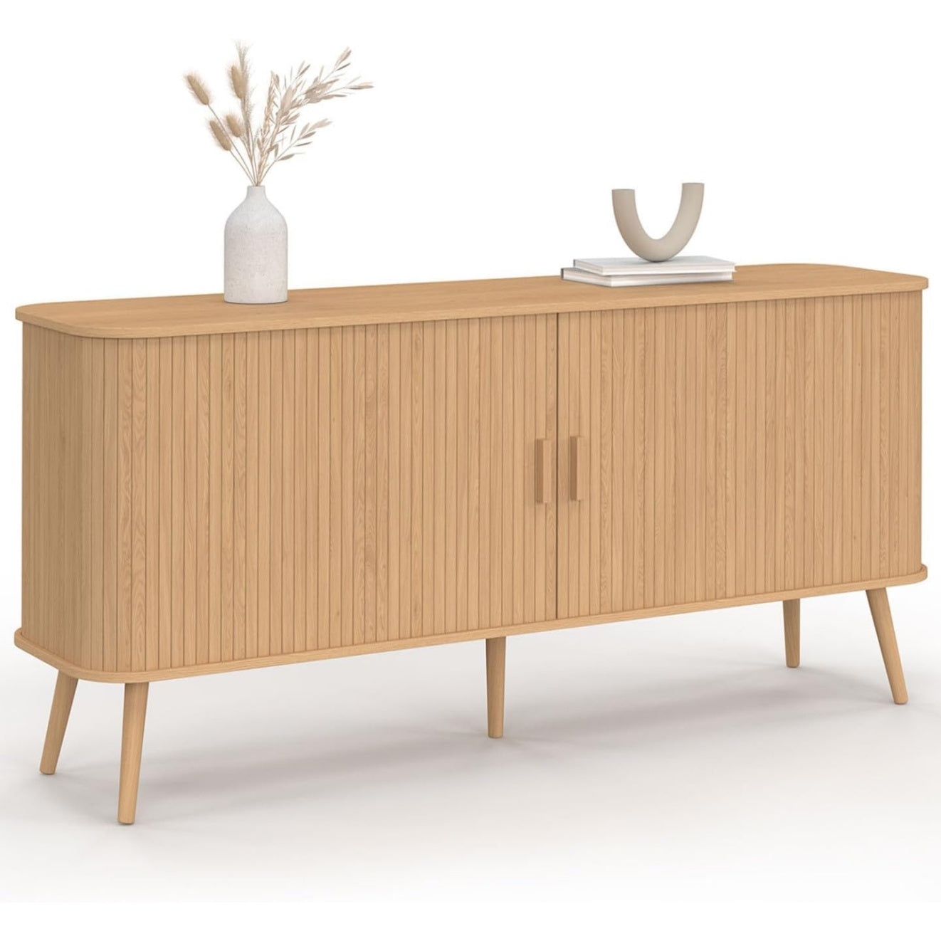 Bahut effet lattes 160 cm avec deux portes coulissantes, meuble de rangement moderne pour interieur contemporain