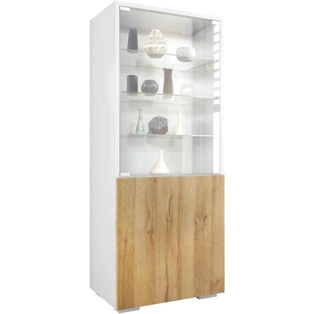 Vitrine blanche mate effet chene naturel 50 x 122,5 x 34,5 cm avec porte vitree et insert decoratif, meuble d exposition moderne