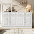 Buffet de cuisine 140 cm avec quatre portes, trois tiroirs et etageres reglables, meuble de rangement blanc pour salon ou couloir
