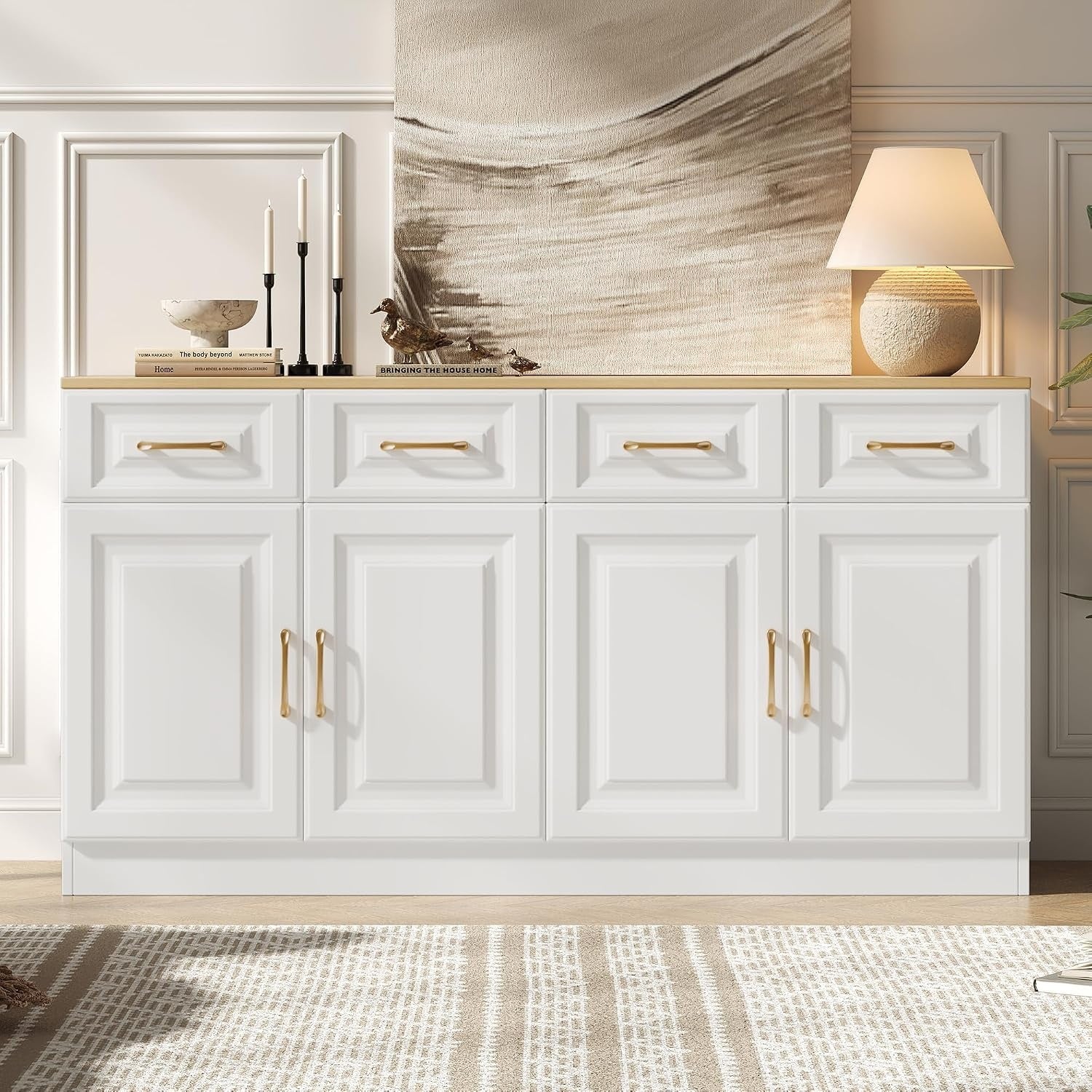 Buffet de cuisine 140 cm avec quatre portes, trois tiroirs et etageres reglables, meuble de rangement blanc pour salon ou couloir