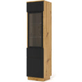 Vitrine murale ou sur pied chene artisanal et noir mat 150 cm avec deux placards et trois etageres pour bureau ou salon