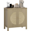 Meuble salon effet rotin avec deux portes et finition bois naturel, rangement decoratif 75 x 38 x 77 cm