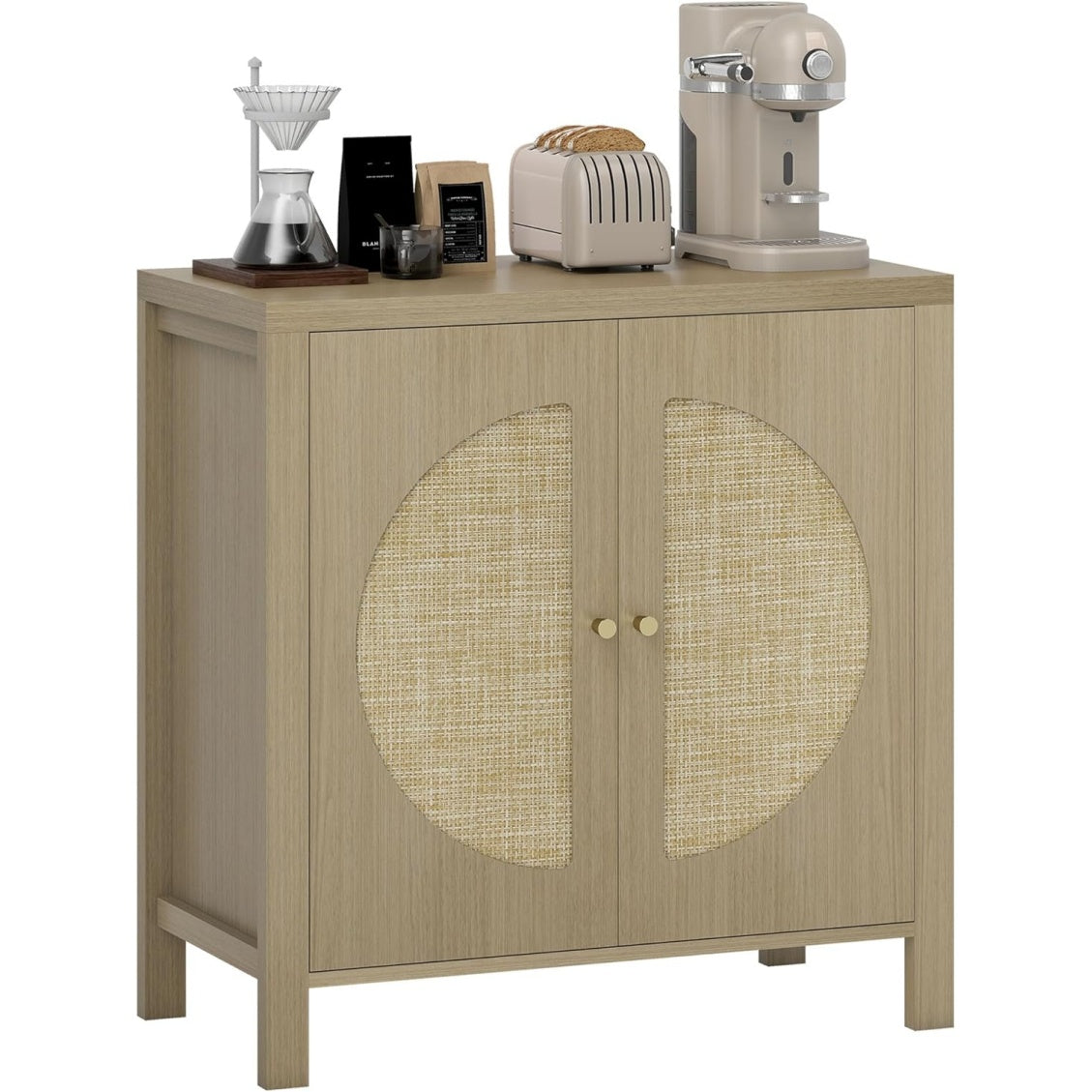 Meuble salon effet rotin avec deux portes et finition bois naturel, rangement decoratif 75 x 38 x 77 cm