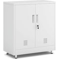 Armoire de rangement blanche en metal avec portes verrouillables et etageres ajustables, meuble polyvalent pour maison bureau ou entree