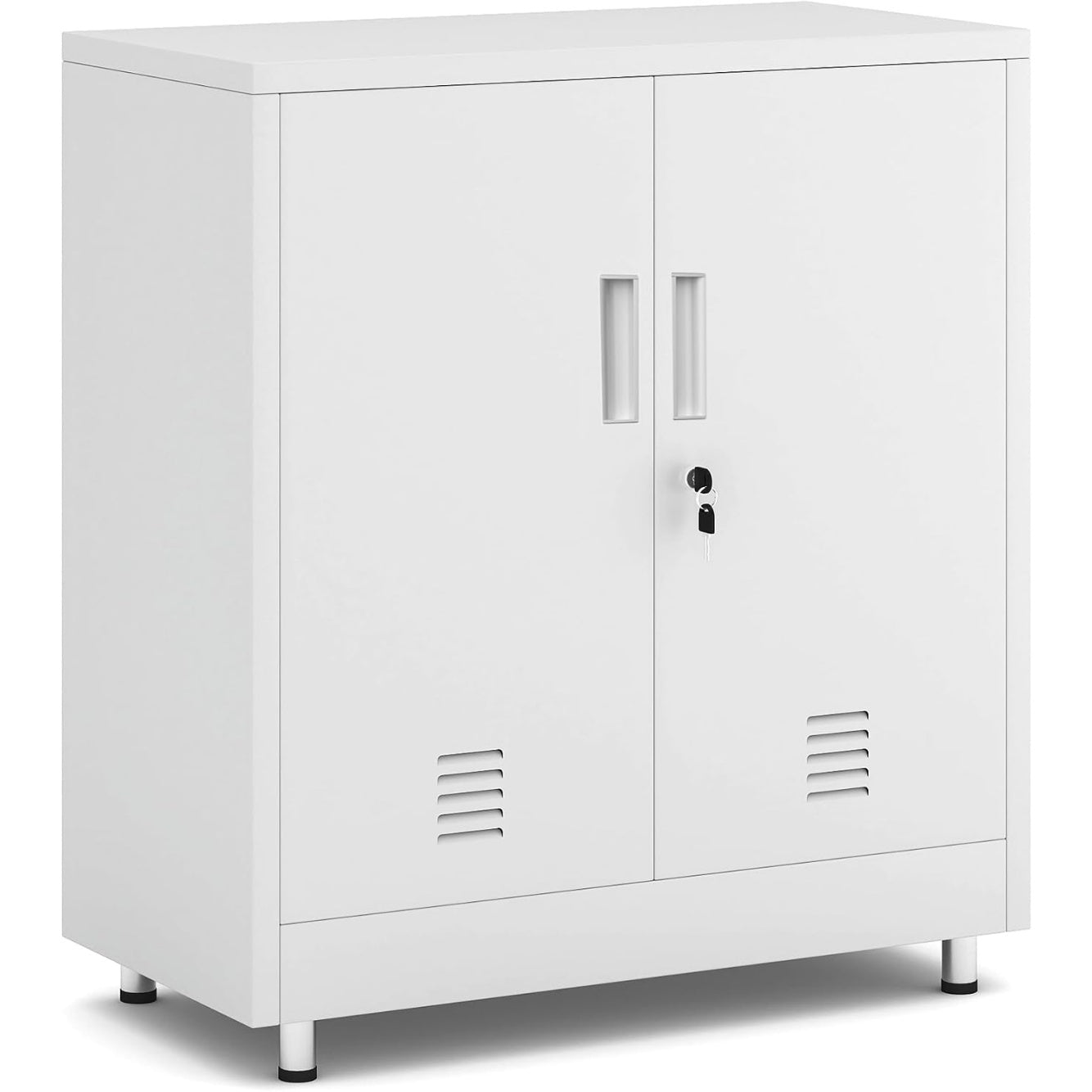 Armoire de rangement blanche en metal avec portes verrouillables et etageres ajustables, meuble polyvalent pour maison bureau ou entree