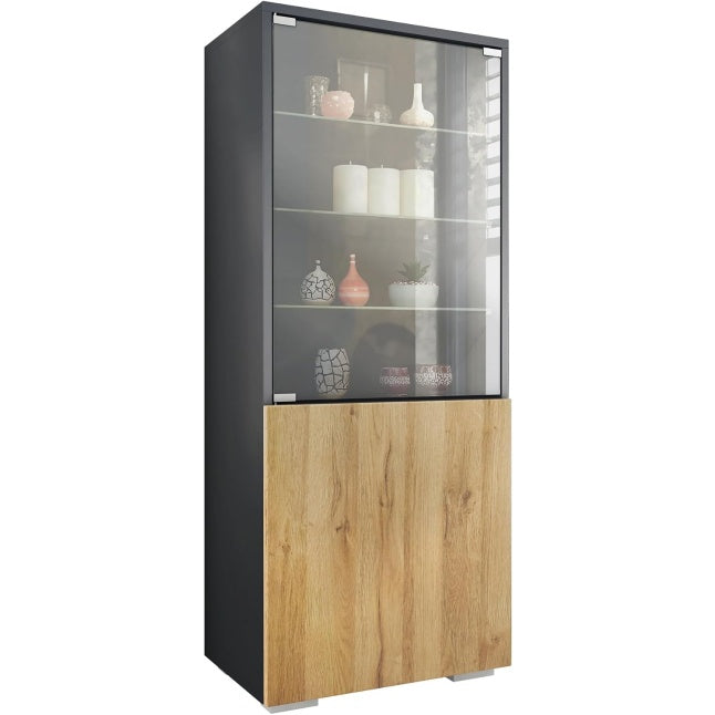 Vitrine anthracite mate avec porte en verre et etageres vitrees, finition chene naturel, meuble elegant pour rangement decoratif