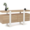 Meuble bas 160 cm blanc et bois avec quatre portes pour organiser facilement votre interieur