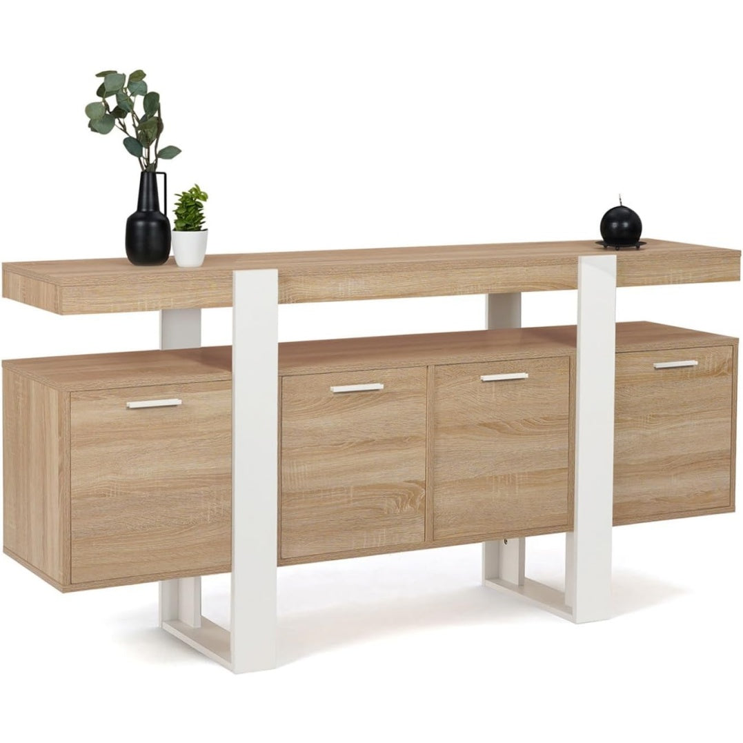 Meuble bas 160 cm blanc et bois avec quatre portes pour organiser facilement votre interieur