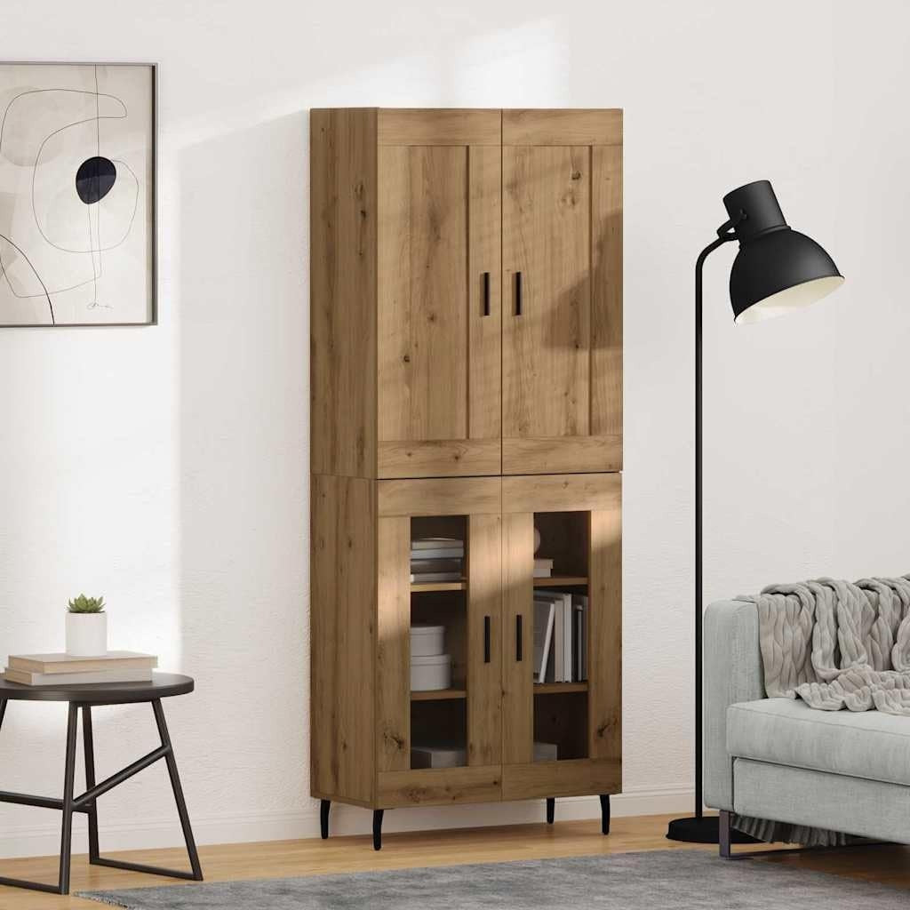 Grande armoire vitree en chene artisanal 69,5 x 34 x 180 cm avec quatre portes, espace de stockage genereux au style moderne
