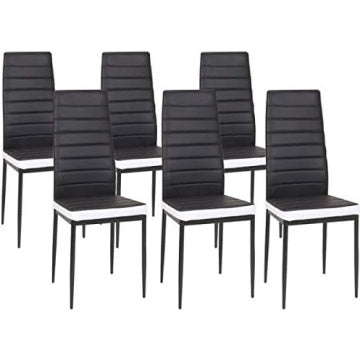 Ensemble de six chaises de salle a manger avec assise epaisse rembourree, finition noire et blanche moderne