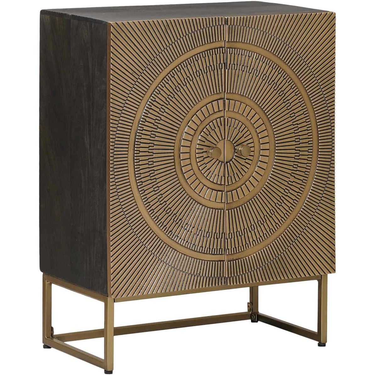Buffet en bois de manguier massif finition laiton 53,5 x 30 x 70 cm avec porte, tiroir et etageres de rangement