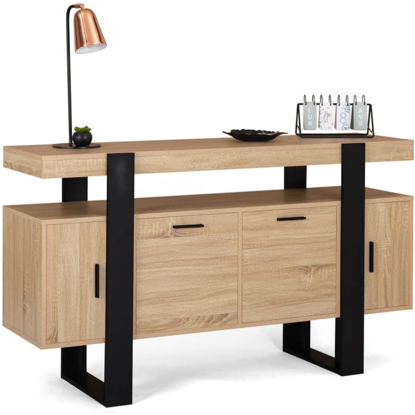 Buffet design 140 cm bois et noir equipe de quatre portes pour un rangement optimise