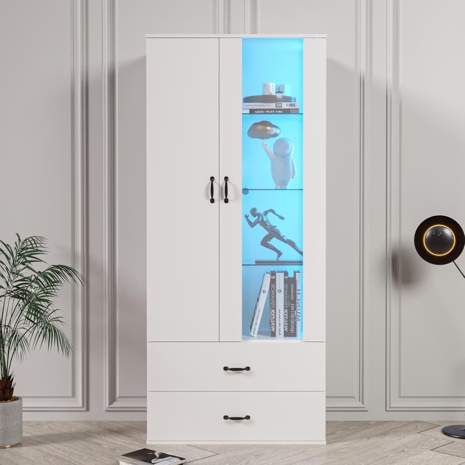 Vitrine verticale blanche 59,5 x 35 x 182 cm avec LED, tiroirs pratiques et panneau frontal transparent