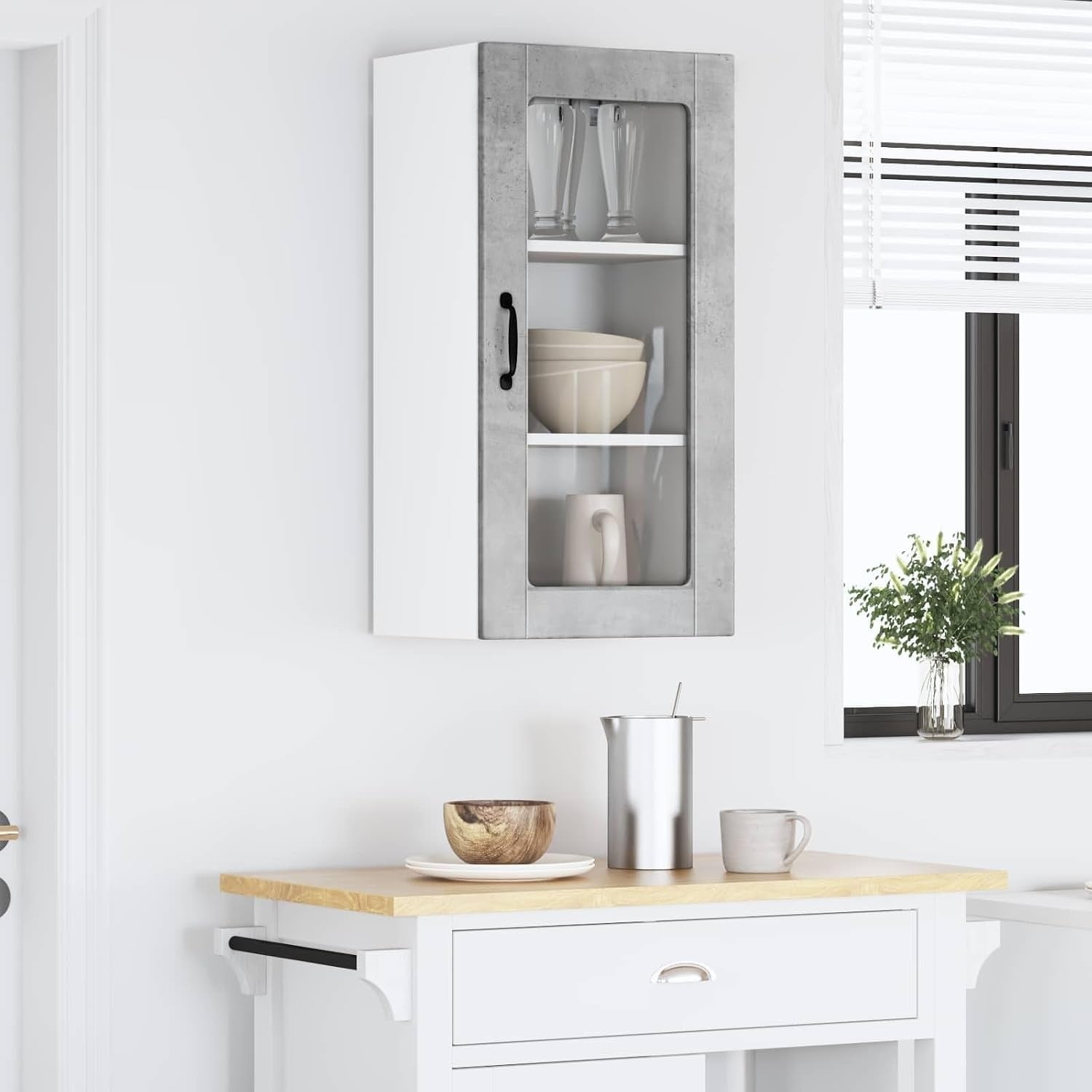 Ensemble de 2 vitrines murales en verre gris beton 40 x 31 x 80 cm avec portes et etageres pour cuisine moderne, salon ou salle a manger