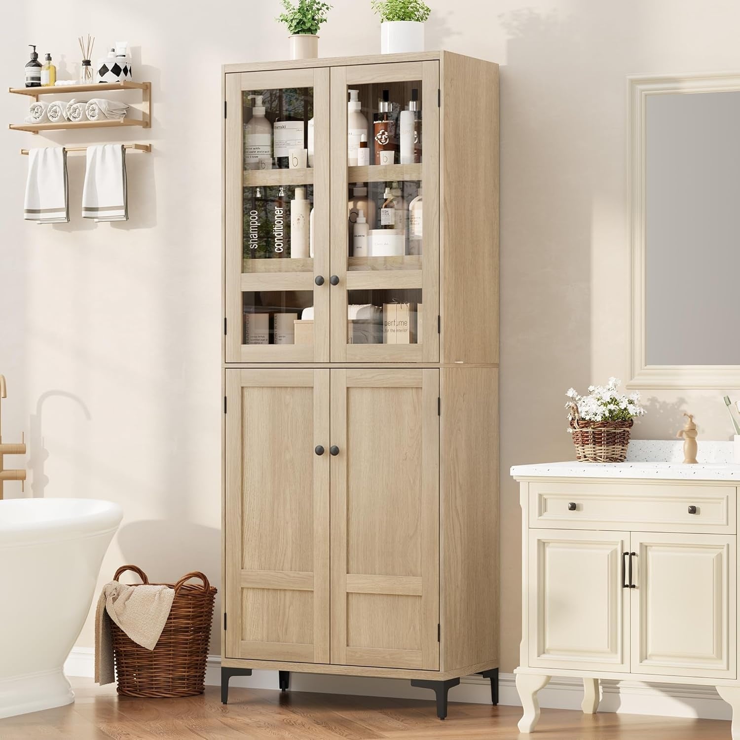 Grande armoire de cuisine 180 cm avec 4 portes vitrees et 5 etageres ajustables pour rangement polyvalent interieur