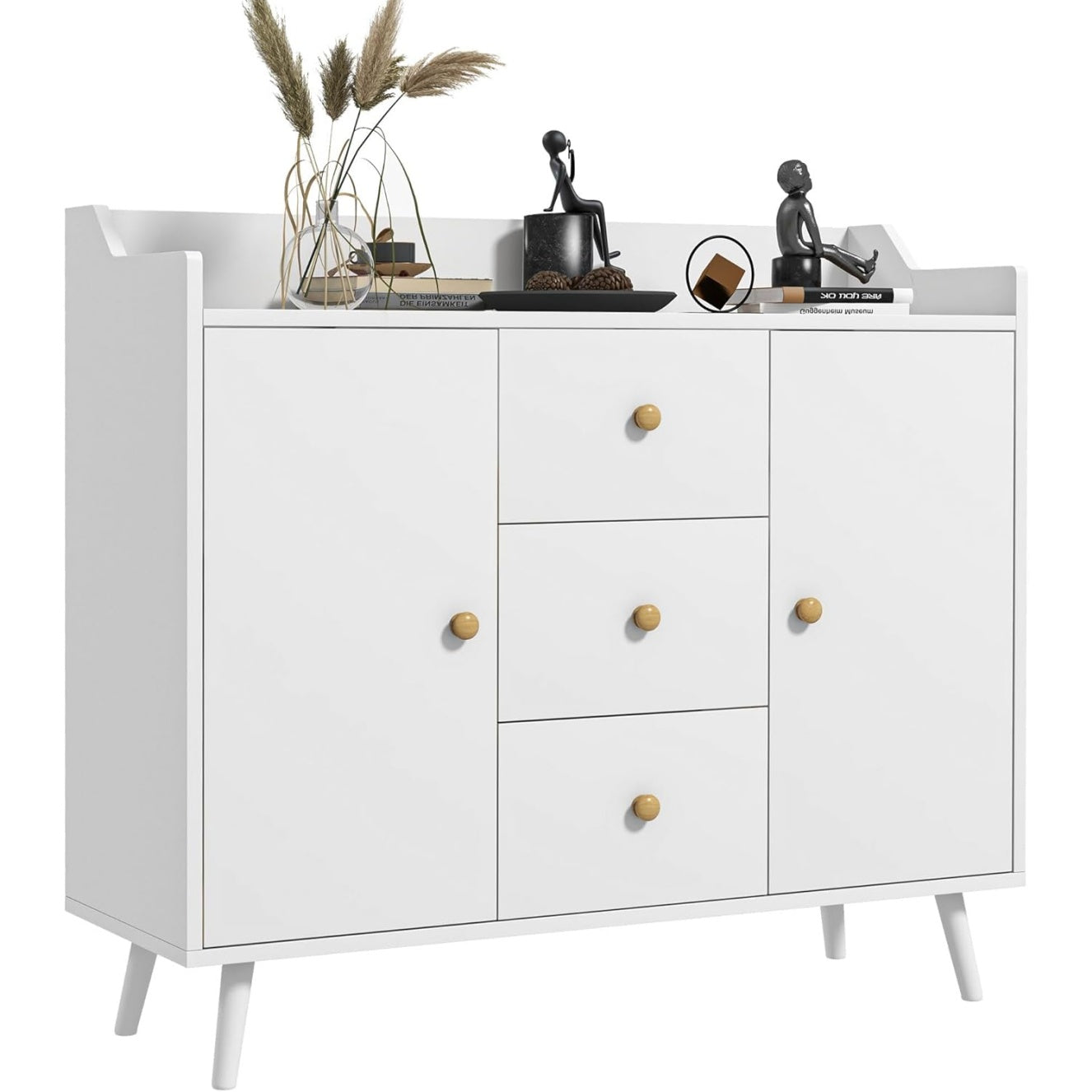 Meuble bas blanc 90 x 32 x 80 cm avec portes et tiroirs, solution simple pour organiser vos affaires