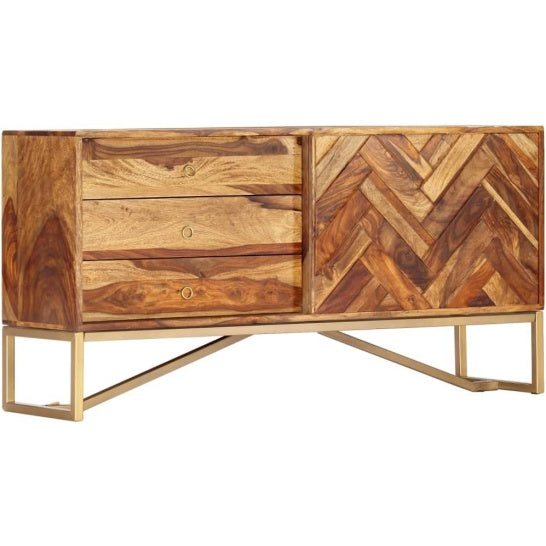 Console en Sesham massif 118 x 30 x 60 cm avec trois tiroirs et une porte, mobilier naturel pour cuisine et espace repas