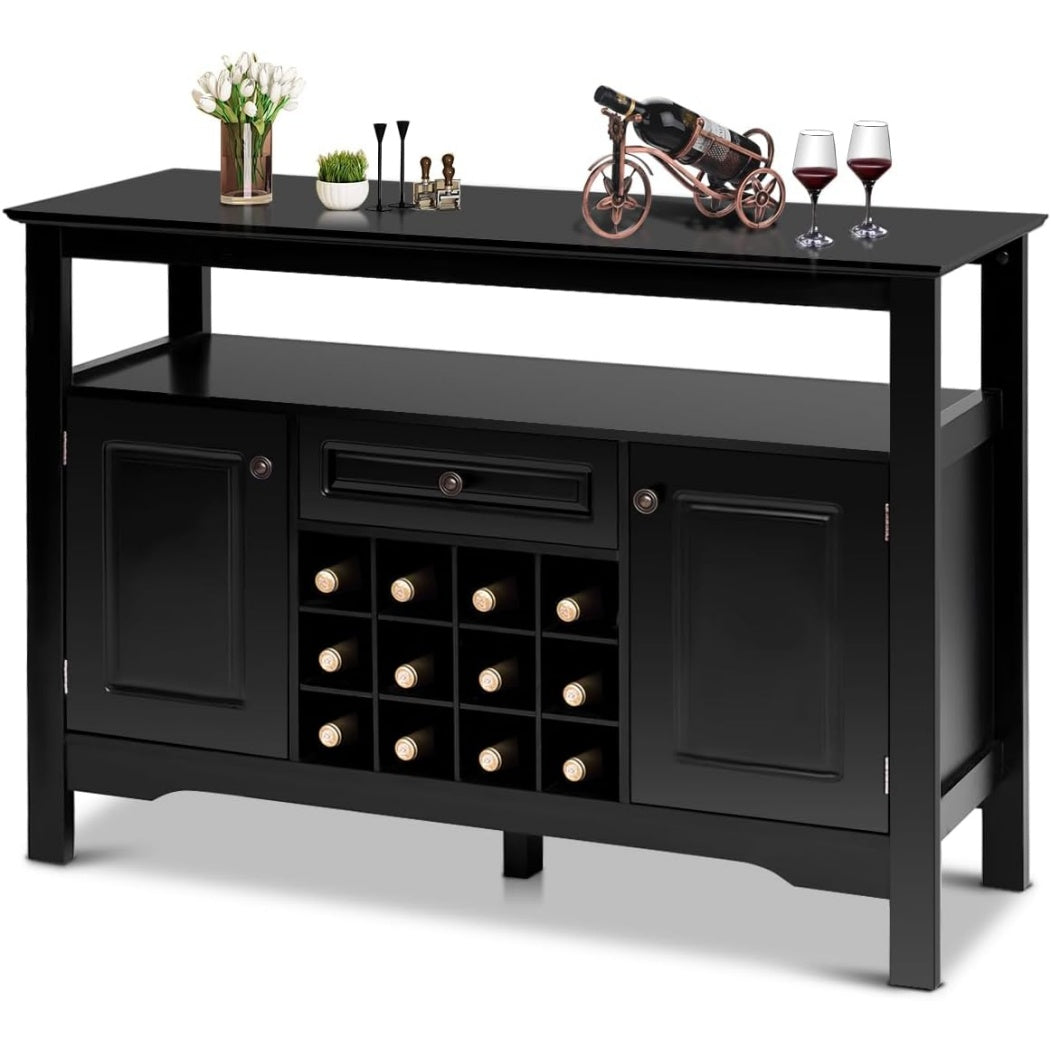 Buffet multifonction noir avec 12 compartiments pour bouteilles, 2 placards et tiroir, meuble bas pour salle a manger