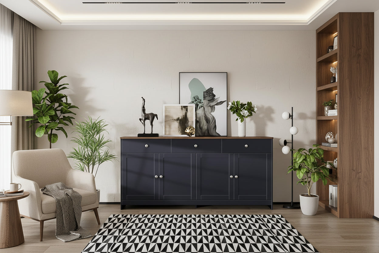 Grand buffet gris noir et bois 160 cm avec quatre portes et trois tiroirs, etageres reglables pour organisation optimale