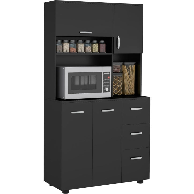 Armoire de cuisine haute avec nombreux rangements, capacite 89 cm, finition noire et conception verticale fonctionnelle