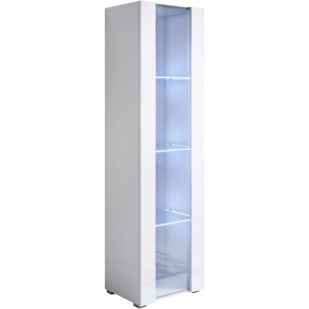Vitrine blanche sur pieds 40 x 167 x 29 cm avec eclairage LED, finition brillante et design modulaire contemporain