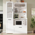 Armoire de cuisine multifonction avec comptoir micro onde, tiroirs reglables, etageres extensibles et structure verticale vitree