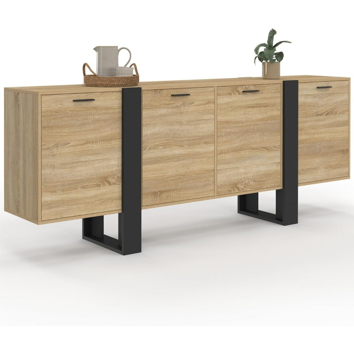 Grande enfilade 200 cm bois noir avec quatre portes et vaste espace de rangement
