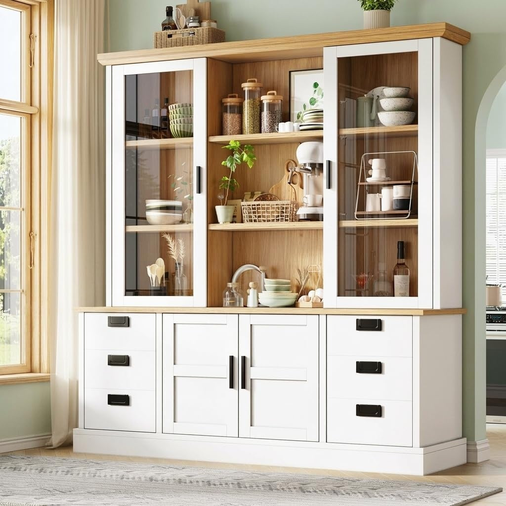 Armoire cuisine blanche 140 x 185 cm avec plan de travail, six tiroirs et etageres reglables pour un rangement optimise